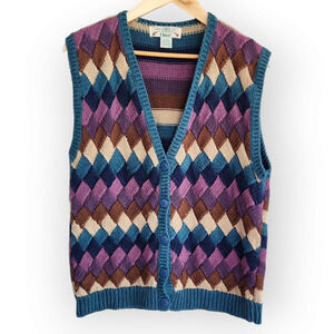 Vintage Orvis Funky Purple Blue Brown Woven Knit Sweater Vest L
